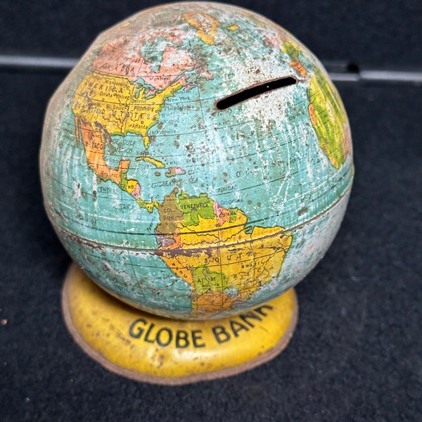 Vintage Ohio Art Mini Tin Globe Bank Piggy Bank, Same Day Shipping