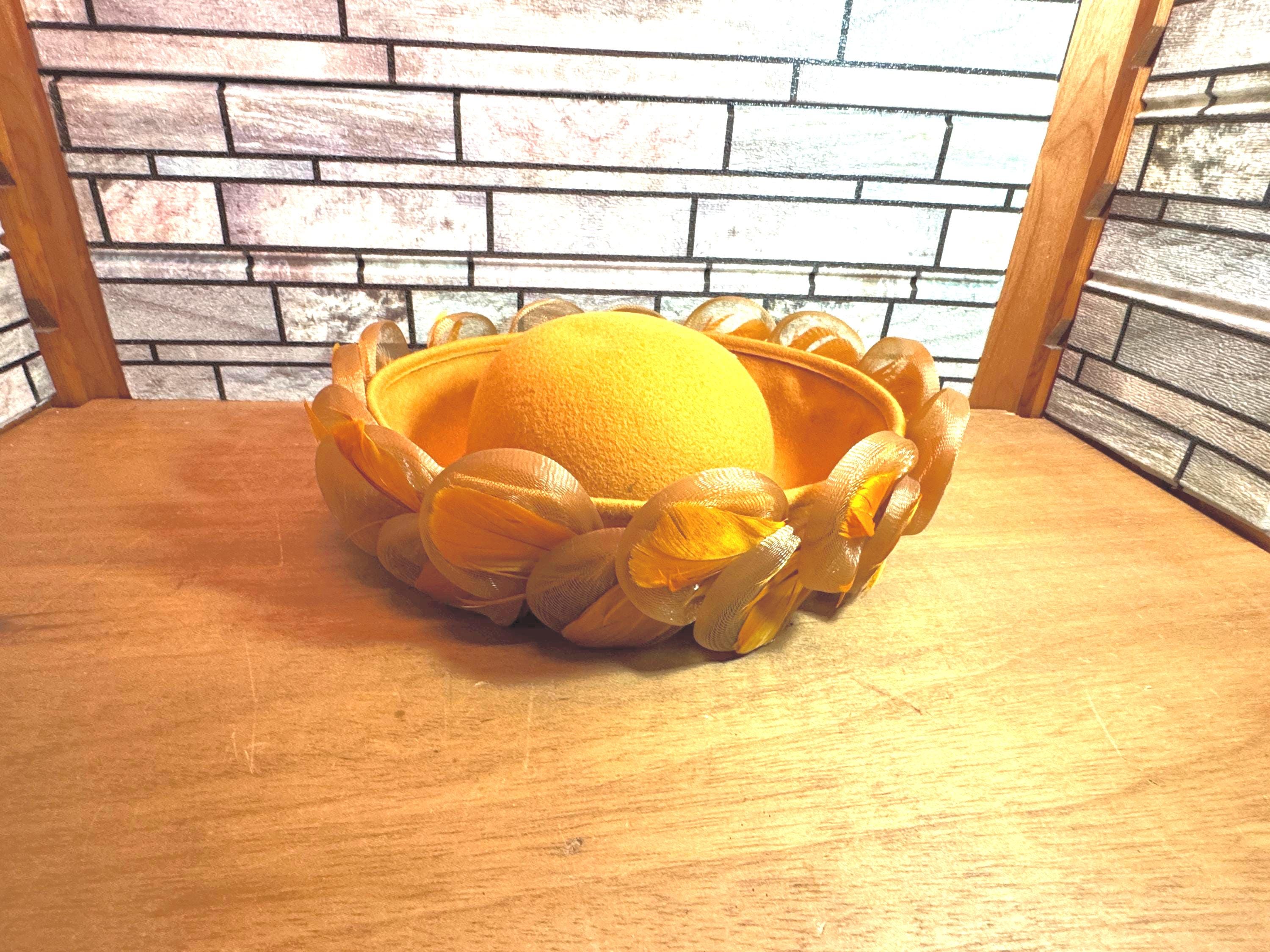 Vintage Deborah New York Mustard Yellow Wool Hat, Feathers, Beading, Church Vintage Deborah New York 100% Wool Cream Colored Hat with  main image 4