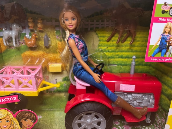 Barbie Farmer Tractor Blonde Doll W Wagon, Farm Animals and