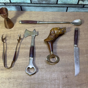 Vintage Bar Tool Set, Dog Bottle Opener, Brass Tongs, Long Stir Spoon, Free Insured QuikShip