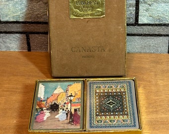 Congresso vintage jogando cartas de canastra de flores, 2 baralhos, década de 1950, QuikShip grátis no mesmo dia