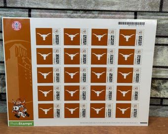 Hoja de sellos postales estadounidenses personalizados y con licencia de los Longhorns de la Universidad de Texas