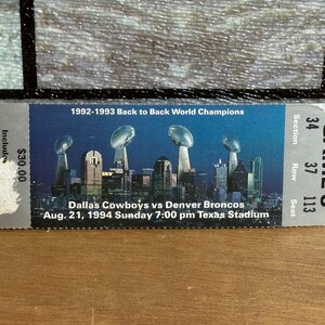 Dallas Cowboys Back to Back World Champions Ticket Stub, 21. August 1994 gegen Denver Broncos NFL