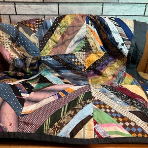 Vintage Quilt Made from Neck Ties, Heavy, 8&#39; x 8&#39;, Free Same Day QuikShip