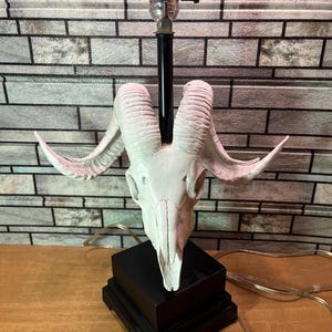 May include: A table lamp featuring a white ram skull base with large curved horns, mounted on a square black pedestal. A black metal rod extends upward from the center of the skull, topped with a silver-colored metal light bulb socket fixture.