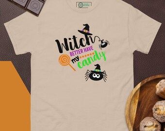 Camisetas de Halloween para mulheres, homens e jovens, aranhas, chapéus e doces de Halloween, linda camiseta de festa de Halloween, bruxa melhor ter doces
