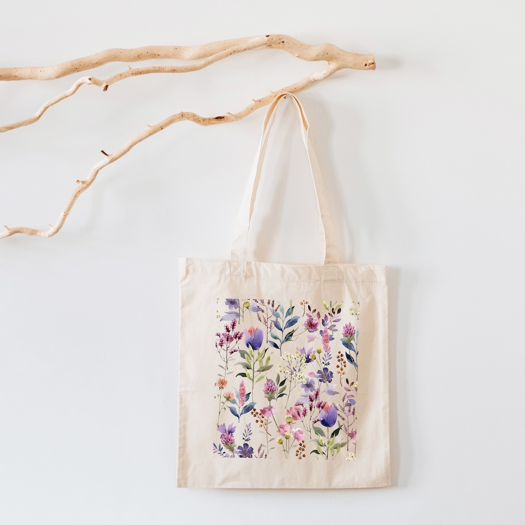 Floral Cotton Canvas Tote Bag, Botanical Vintage Flowers Tote Bag ...