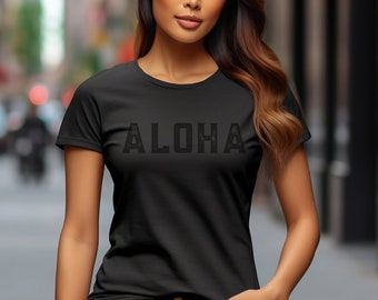 Camiseta Aloha, camisa Aloha gris oscuro jaspeado, camiseta negra descolorida, camisa hawaiana, camiseta Aloha, Hawái, camiseta Aloha, negro sobre negro, Aloha