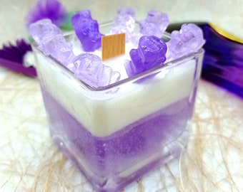 Handmade Jelly Bears Purple White Scented Gel & Soy Wax Candle Wooden Wick Gift Candle Decorative Candle Purple Candle White Candle