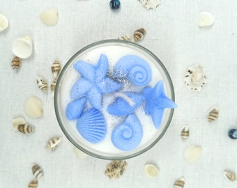 Seaside Charm Scented Soy Wax Candle - Ocean Breeze Soy Wax Candle - Seashell Starfish Candle - Glitter Candles - Natural Handmade Candles