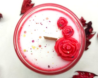 Red Rose Motif Glitter Handmade Scented Soy Wax Candle - Rose Candle - Red Candle - Glitter Candle - Decorative Candle  Wooden Wick Candle