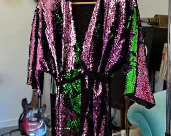 SEQUINS Holographic Purple Green Sequins/ Festival Kimono