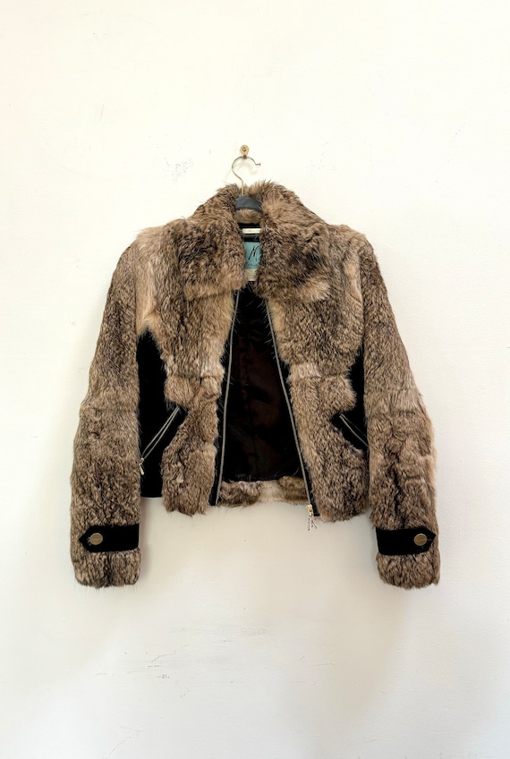 Marciano Black & Brown Rabbit Fur Bomber Jacket Si