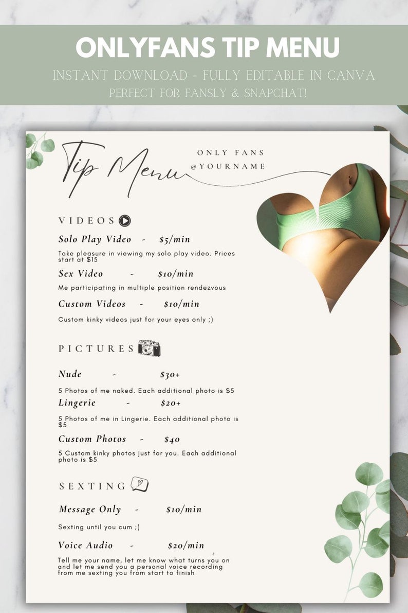 Onlyfans Tip Menus Pack of 4 Bundle Editable Template | Canva Template ...