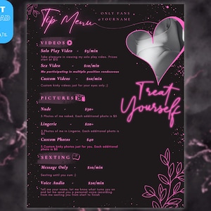 Preview of the OnlyFans Tip Menu. Editable Template. Digital Download. Sleek Neon Design.