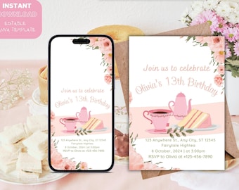 Pastel Pink Floral Tea Party Invitation: Editable Birthday, Bridal Shower (Printable Digital Download)