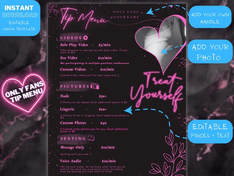 Editable neon OnlyFans tip menu showcasing customizable fields for pricing, services, and social media advertising. Perfect for creators looking to attract fans with a professional and vibrant neon design that makes you standout.