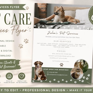 Pode incluir: Um modelo de folheto de serviços para animais de estimação com um Shiba Inu numa cama, um cachorro e um gato. O folheto inclui texto para Julia's Pet Services, listas de serviços, preços e contactos. Totalmente editável no Canva, verde e branco.
