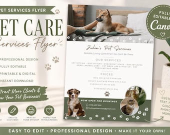 Pet Care Flyer: Dog Walker, Cat Sitter Canva Template (8.5x11" PDF)