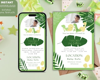 Editable Baby Dinosaurs Kids Birthday Invitation, Jurassic Park Card, T Rex Party Invite, Cute Dinos Card, Two Rex Dino 3rd Celebration