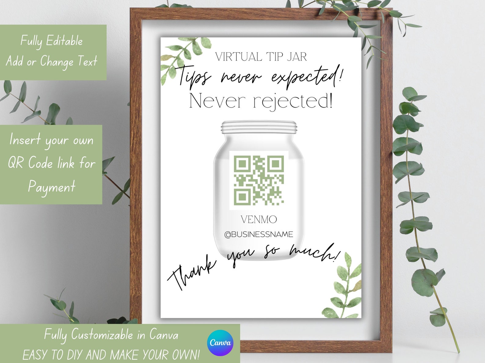 Minimalist QR Code Tip Jar Sign – Editable Canva Template (digital ...