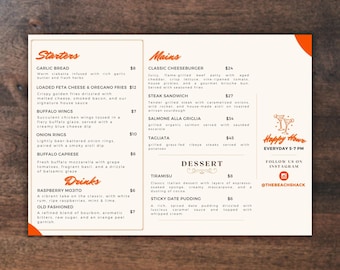 Bewerkbaar restaurantlandschapsmenu, drankbarmenu, schoolbestelmenu, cateringmenu, hospitality-branding, bestelprijslijst, dinermenu