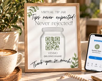 Minimalist QR Code Tip Jar Sign – Editable Canva Template (Digital Download)