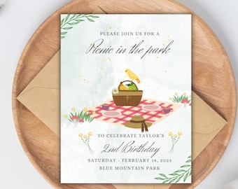 Afdrukbare picknick verjaardagsuitnodiging - bewerkbaar kinderfeestje (digitale download)