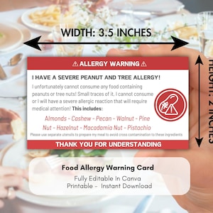 Afdrukbare, volledig bewerkbare medische waarschuwingskaart voor boomnootallergie, kaart met voedselgevoeligheden, allergeenetiketten, veiligheidsinformatie restaurantallergieën