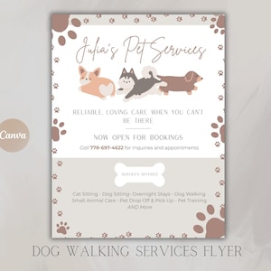 May include: A flyer for Julia's Pet Services, featuring a cartoon illustration of three dogs. The flyer advertises reliable and loving pet care, including dog walking, overnight stays, and pet training. The phone number 778-697-4622 is provided for inquiries and appointments.