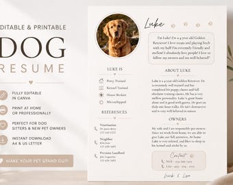 Dog Resume Template, Pet Resume Canva Template, Dog CV for Rental Application, Pet Sitter Bio, Dog Adoption Profile, Printable Pet Resume