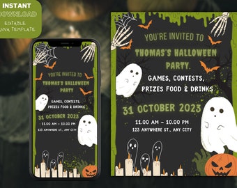 Ghostly Neon Halloween Party Invitation, Autumn Event Invite, Spooky Pumpkins, Fall Birthday Party, Printable Cards, Spooktacular Ghost