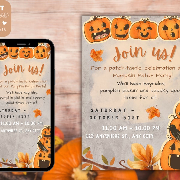Autumn Pumpkin Patch Party Invitation - Birthday, Fall, Pumpkin Picking, Hayride, Farm, School Field Trip, Printable Editable Fall Printable