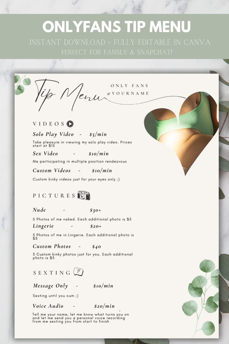 Onlyfans Tip Menus Pack of 4 Bundle Editable Template | Canva Template ...