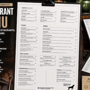 Könnte beinhalten: Eine Restaurant-Menüvorlage auf einem Klemmbrett mit schwarzem Text auf weißem Hintergrund. Das Menü enthält Abschnitte für Vorspeisen, Steaks, Hauptgerichte, Salate, Sandwiches, Burger und Favoriten, mit einem schwarzen Hunde-Logo am unteren Rand.