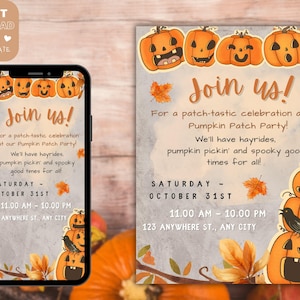 May include: A digital invitation for a pumpkin patch party. The invitation features a watercolor illustration of pumpkins with spooky faces and fall leaves. The text reads "Join us!" for a patch-tastic celebration at our Pumpkin Patch Party! We'll have hayrides, pumpkin pickin' and spooky good times for all! Saturday - October 31st 11:00 AM - 10:00 PM 123 Anywhere St., Any City