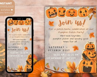 Autumn Pumpkin Patch Birthday Invitation, Fall Party Invite (Digital Download)