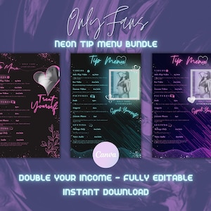 OnlyFans Neon Tip Menus Pack of 3 Bundle, Editable Template, Canva Template, Tip Menu Templates, Fansly Template, Adult Creator, OF Menu