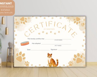 Certificaat van adoptie voor katten, bewerkbare digitale downloadsjabloon