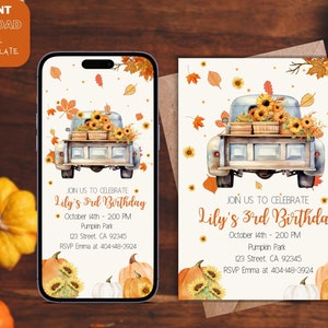 May include: A printable invitation for a child's 3rd birthday party. The invitation features a watercolor illustration of a blue pickup truck with a bed full of pumpkins and sunflowers. The text on the invitation reads "Join us to celebrate Lily's 3rd Birthday" and includes the date, time, location, and RSVP information.