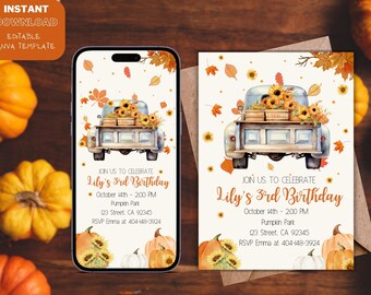 Sunflower Truck Pumpkin Patch Party Invitation - Fall, Pumpkin Picking, Hayride, Farm, School Field Trip - Printable Download Editable PDF