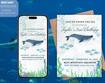 Under the Sea Birthday Invitation – Aquarium Party, Whale (Printable PDF)