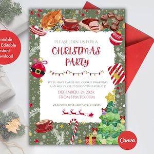 以下が含まれることがあります： 緑色の背景に、赤、白、緑のクリスマスツリー、キャンディーケーン、オーナメントなどのクリスマスのイラストが描かれた、印刷可能なクリスマスパーティーの招待状。テキストには「クリスマスパーティーにご参加ください」と記載されており、パーティーの日時が記載されています。