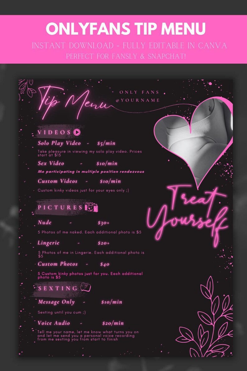 Onlyfans Tip Menus Pack of 4 Bundle Editable Template | Canva Template ...
