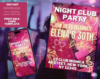 Neon Disco Nightclub Birthday Invitation – Editable Dance Party Card (Digital Download)
