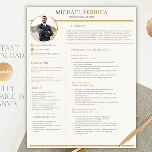 Foto elegante dourada incluída, currículo profissional Canva de 3 páginas, modelos de currículo com carta de apresentação, layout de currículo editável, PDF de destaque