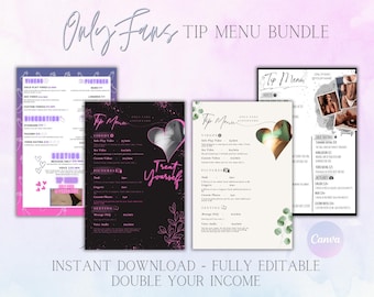 OnlyFans-tipmenu's, pakket van 4 bundels bewerkbare sjabloon | Canvassjabloon | Menusjablonen tip | Fansly-sjabloon | Digitale download | Modern