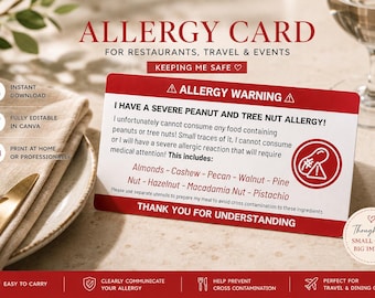 Printable Tree Nut Allergy Card, Medical Warning (Digital Download)