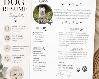 Dog Resume Rental Application, Pet Information For Tenancy (Digital Download)