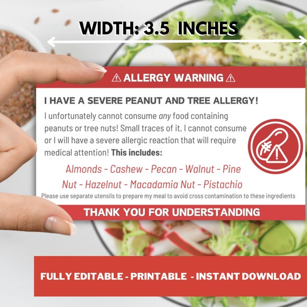Printable Fully Editable Peanut and Tree Allergy Warning Card - Self Care, Health, Medical, Allergy, Alert Card, Food Safety, Restaurant